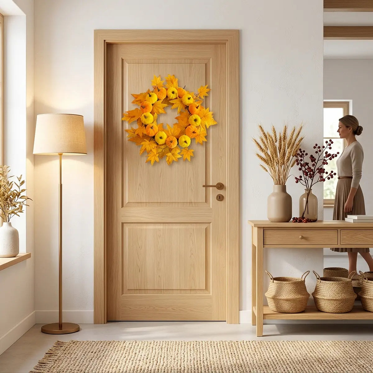 Artificial fall wreath with yellow sunflowers and maple leaves hung on a front door in a bright modern entryway
