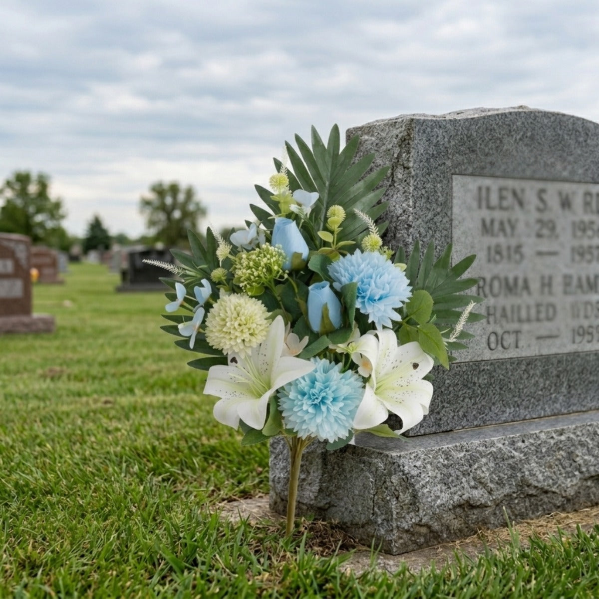 Cemetery Flowers for Grave, Outdoor Lily Chrysanthemum Hydrangea Rose Artificial Flowers Grave Flowers with Cemetery Vase, Lasting and Non-Bleed Colors