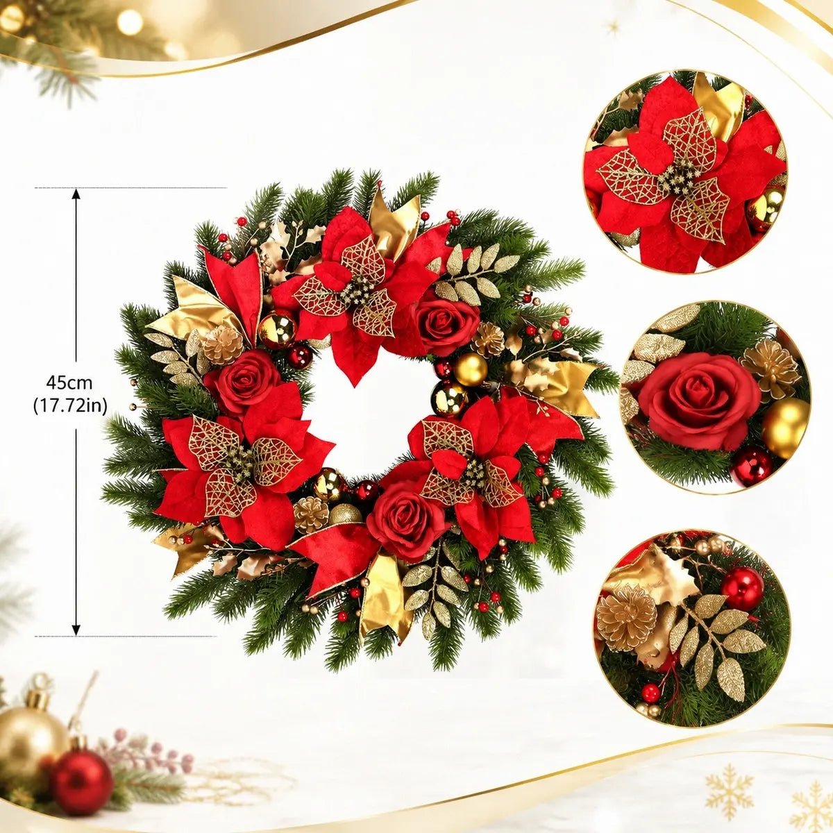 17.7" Christmas Wreath for Front Door | Red Berries, Golden Balls & Pine Cones | Indoor Outdoor Winter DecorChristmas Wreath17.7" Christmas Wreath for Front Door | Red Berries, Golden Balls & Pine Cones | Indoor Outdoor Winter DecorIPOPU