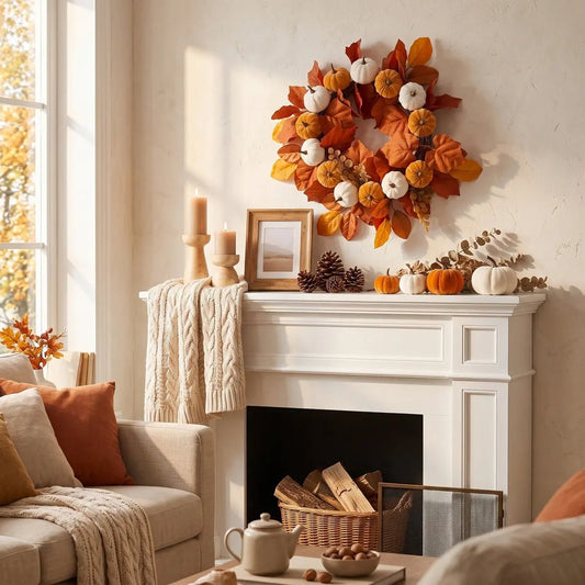 17.7'' fall wreath with pumpkins and autumn leaves displayed above a fireplace mantel in a warm farmhouse living room
