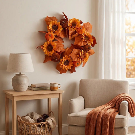 17.7'' artificial sunflower fall wreath with orange autumn foliage displayed on a wall in a cozy living room
