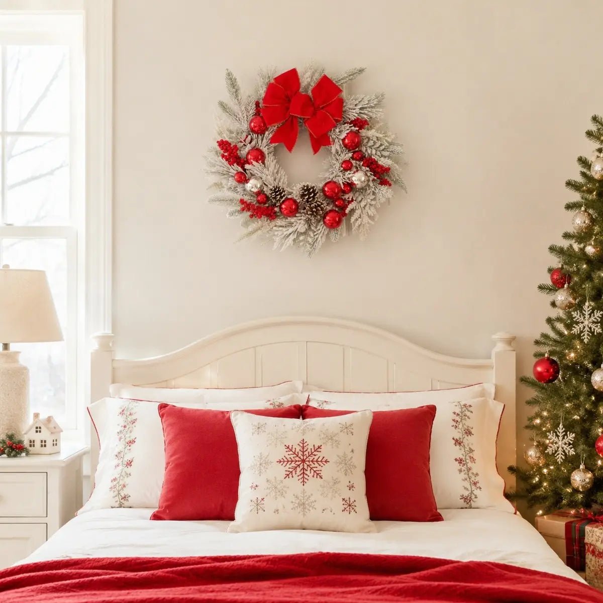 17.7 inch snow flocked Christmas wreath with red velvet gold-trim bow, shiny red and silver ball ornaments, red berry clusters and snow-dusted pinecones, hung on a warm greige bedroom wall above a white wood bed headboard dressed with white linen bedding, red velvet accent pillows and white snowflake embroidered pillow shams, with a white ceramic house lamp on the nightstand and a fully decorated Christmas tree with red and silver ornaments beside the bed