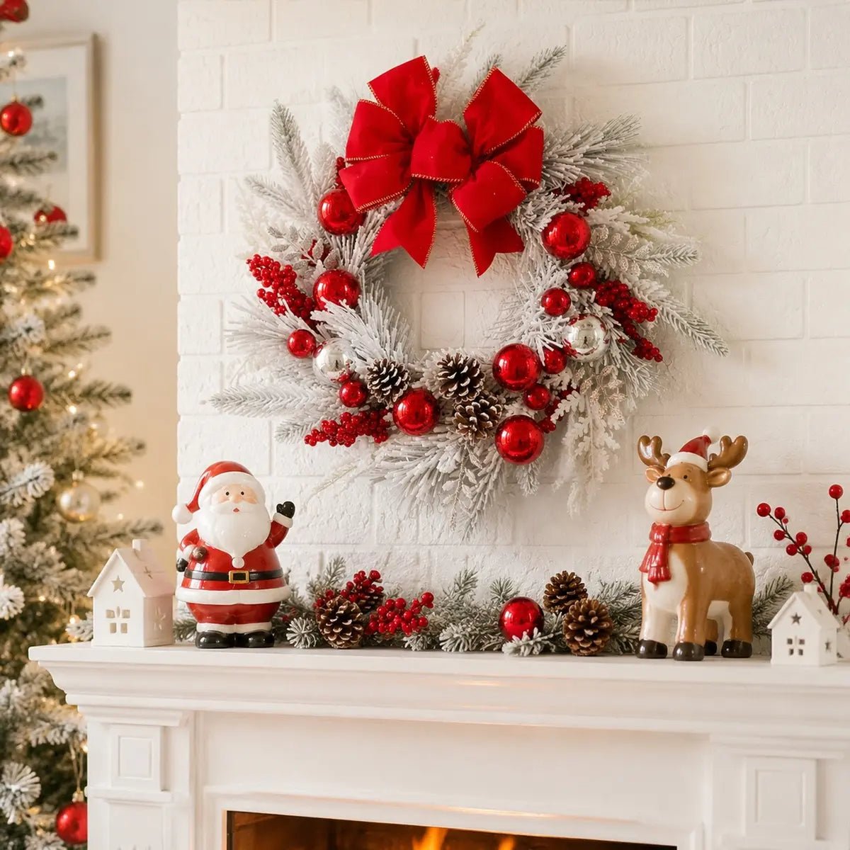 17.7 inch snow flocked Christmas wreath with red velvet gold-trim bow, shiny red and silver ball ornaments, red berry clusters and snow-dusted pinecones on white flocked pine branches, hung above a white brick fireplace mantel decorated with a matching flocked pine garland with red balls and pinecones, a ceramic Santa Claus figurine, a ceramic reindeer with red scarf, two white ceramic house lanterns and a lit fireplace below, beside a fully decorated flocked Christmas tree with red ornaments