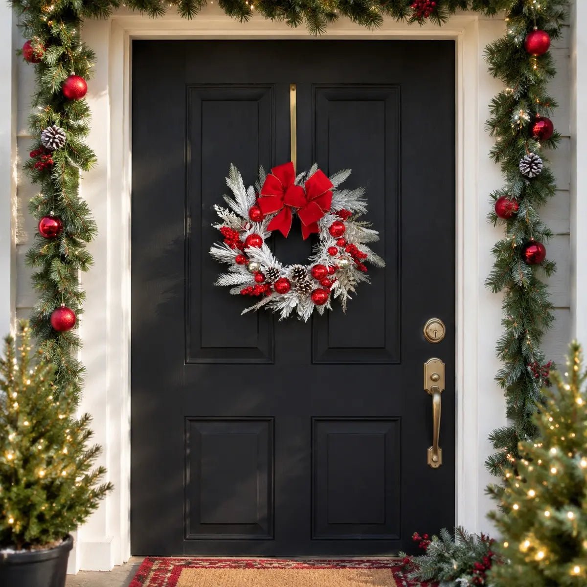 17.7 inch snow flocked Christmas wreath with red velvet gold-trim bow, shiny red and silver ball ornaments, red berry clusters and snow-dusted pinecones, hung on a black six-panel exterior front door with a brass door handle, framed by a full pine door garland with red ball ornaments and pinecones on both sides and across the top, with two lit potted Christmas trees in black planters flanking the entrance on a covered front porch