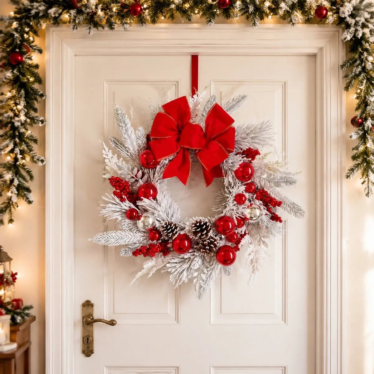 17.7 inch snow flocked Christmas wreath with red velvet gold-trim bow, shiny red and silver ball ornaments, red berry clusters and snow-dusted pinecones, hung on a white six-panel interior front door with a red ribbon hanger, framed by a lit pine door garland with red ball ornaments and pinecones, with a warm candlelit entryway console table and a black lantern visible to the left