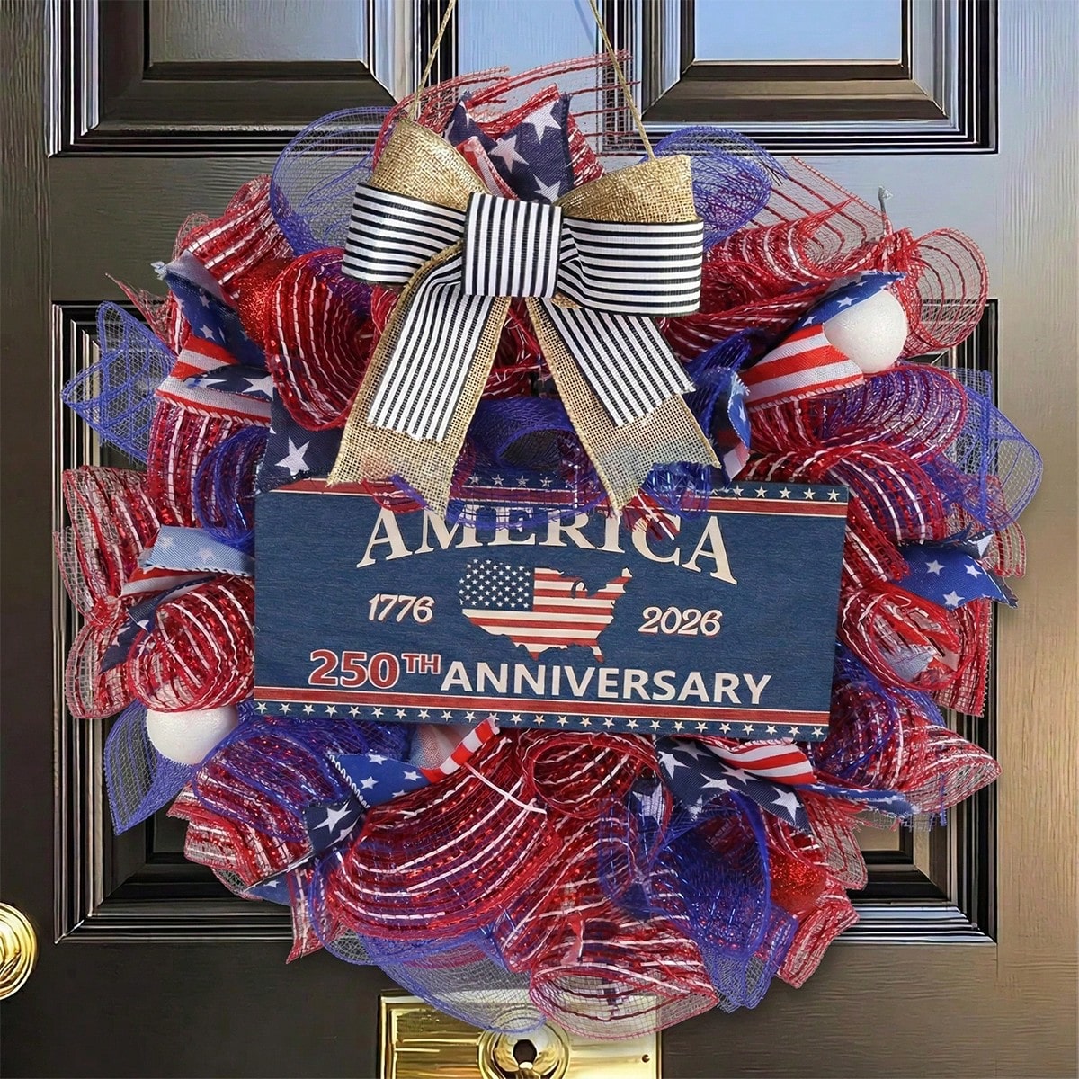 250th Anniversary Patriotic Mesh Wreath 16" | 4th of July Front Door Red White Blue USA
