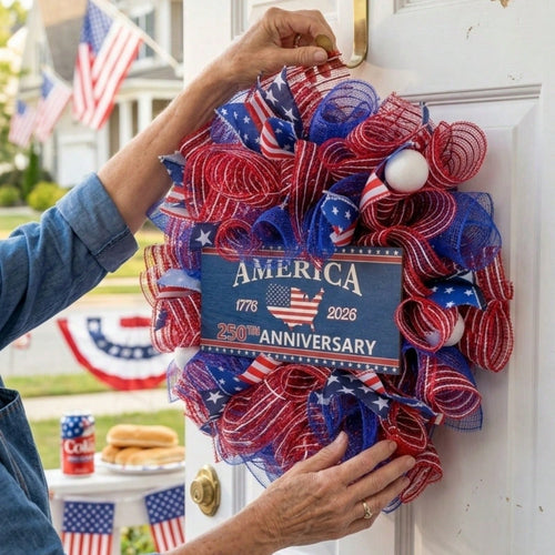 16 inch red white and blue patriotic mesh wreath for 4th of July front door USA 250th anniversary