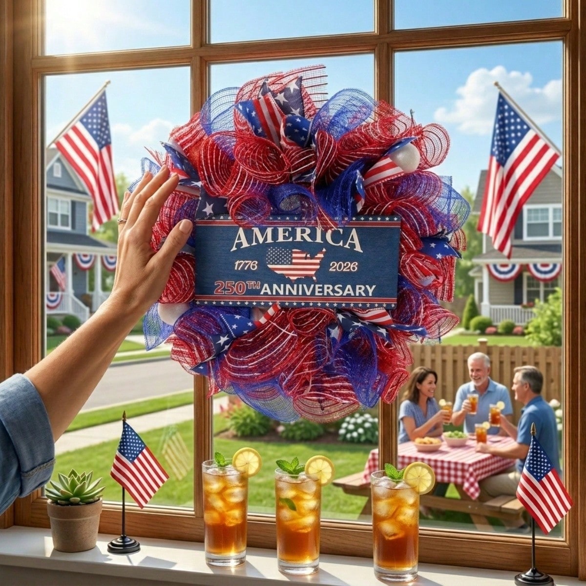 250th Anniversary Patriotic Mesh Wreath 16" | 4th of July Front Door Red White Blue USA