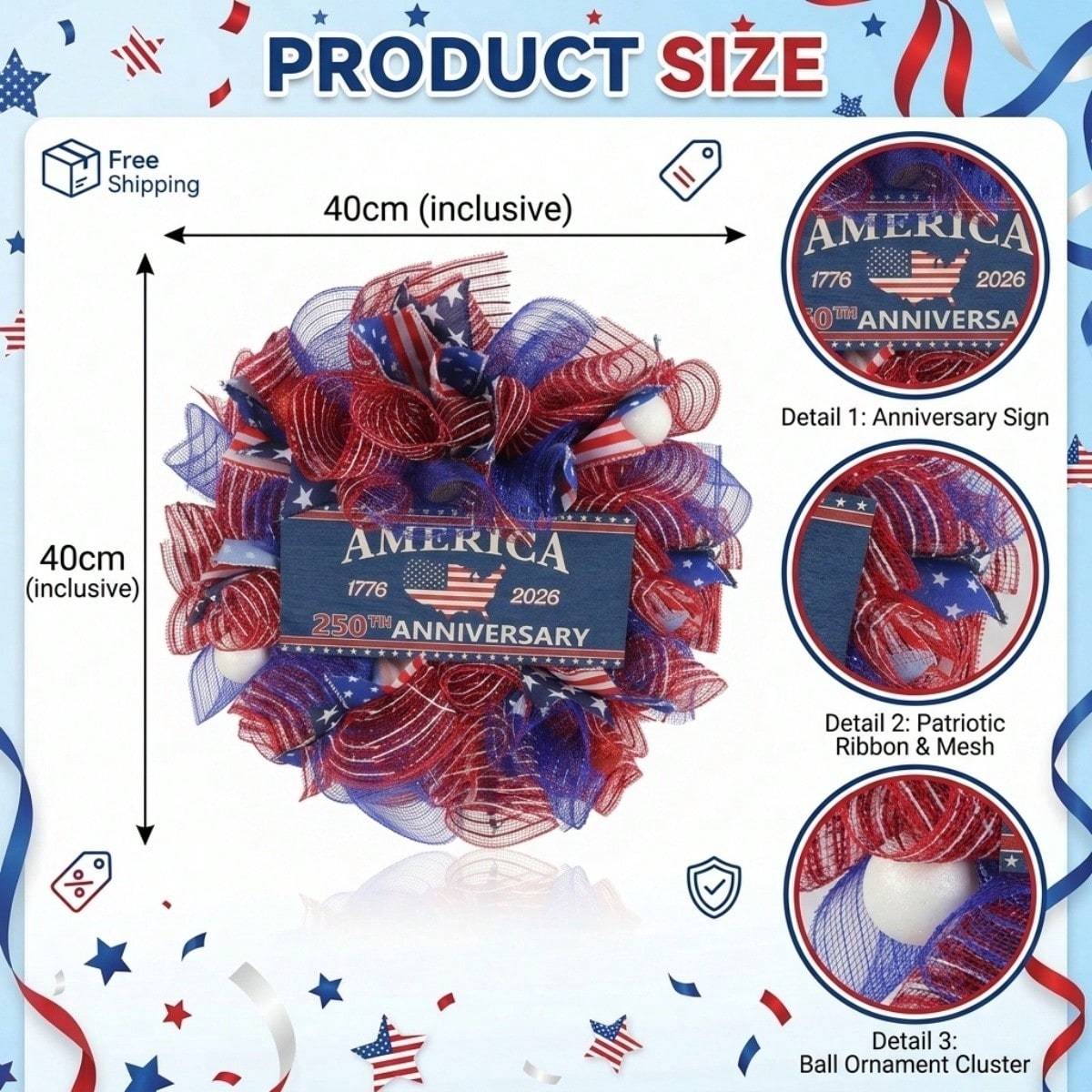 250th Anniversary Patriotic Mesh Wreath 16" | 4th of July Front Door Red White Blue USA