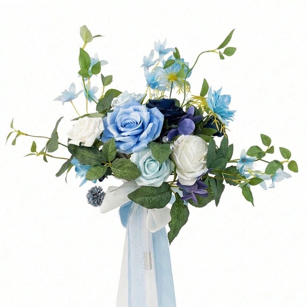 Dusty Blue & White Artificial Bridesmaid Bouquet with Ribbon | Wedding Ceremony Bridal