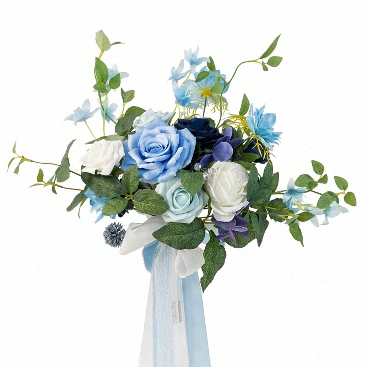 Dusty Blue & White Artificial Bridesmaid Bouquet with Ribbon | Wedding Ceremony Bridal