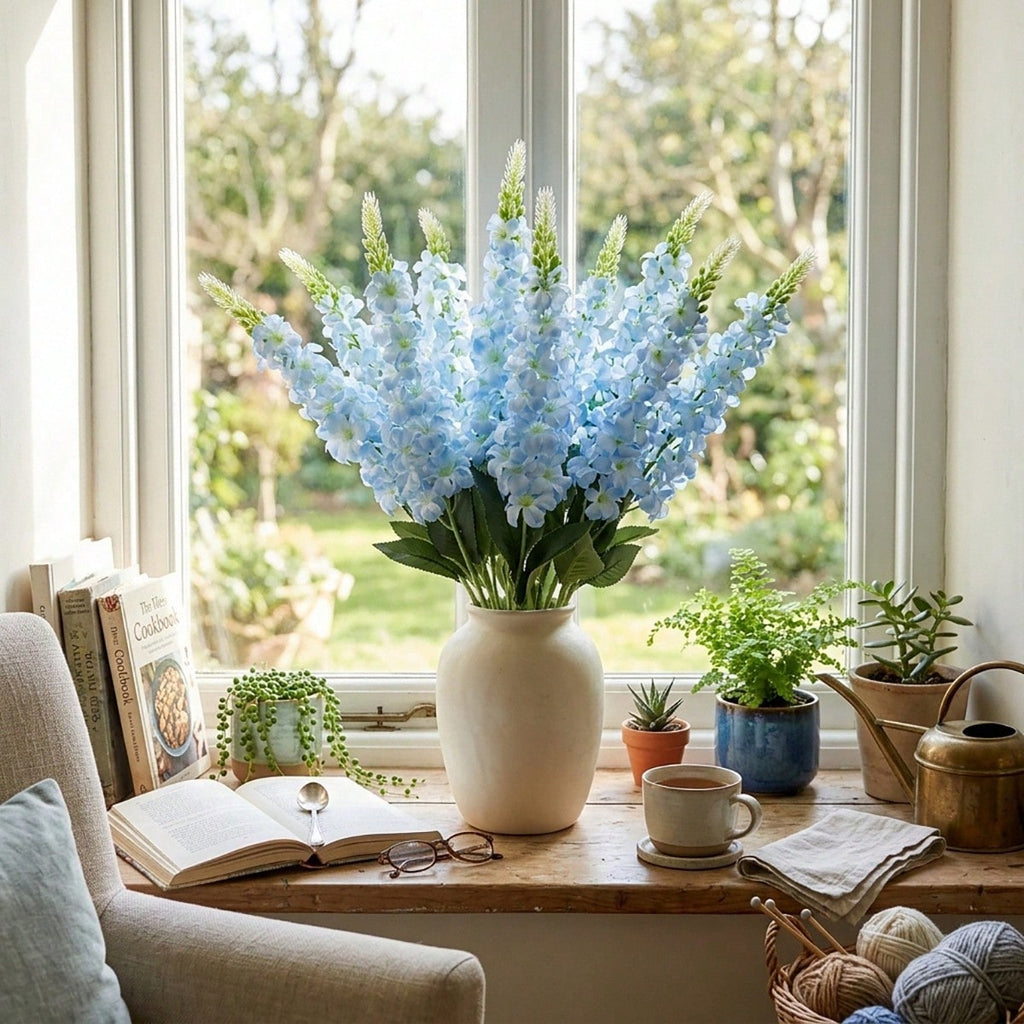 Artificial Delphinium & Hyacinth Stems 22.4in 4pcs | Faux Flowers for Wedding Floral Arrangements Centerpiece Table & Home Decor in White Blue Purple Red