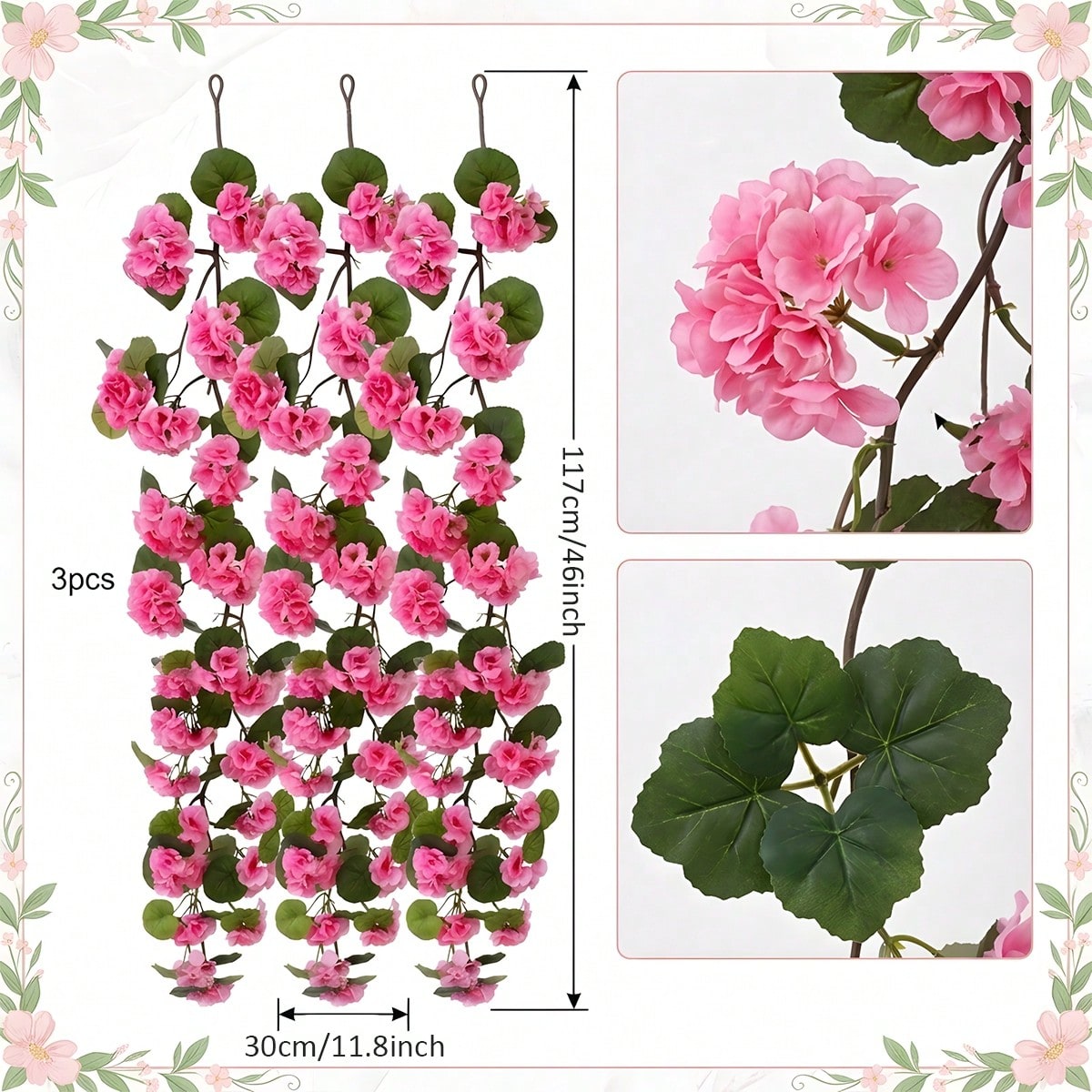 3pcs geranium hanging flower vines UV resistant arranged for faux outdoor spring by IPOPU
