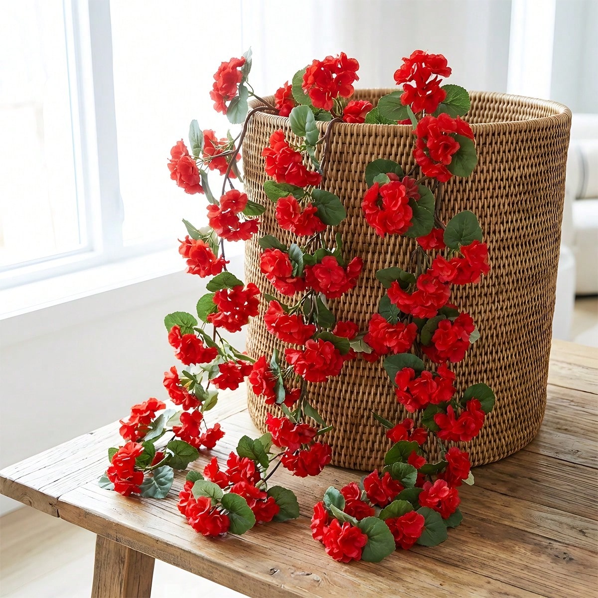 3PCS Artificial Geranium Hanging Flower Vines UV Resistant | Faux Outdoor Spring Flowers for Planters Porch Patio Garden in Red Hot Pink
