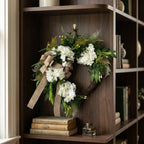 White hydrangea & eucalyptus wreath with bow for rustic farmhouse by IPOPU