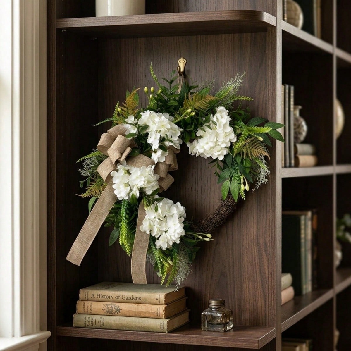 Hydrangea & Eucalyptus Wreath with Bow | Rustic Farmhouse Spring Summer Decor for Front Door Outdoor Porch & Home Wall