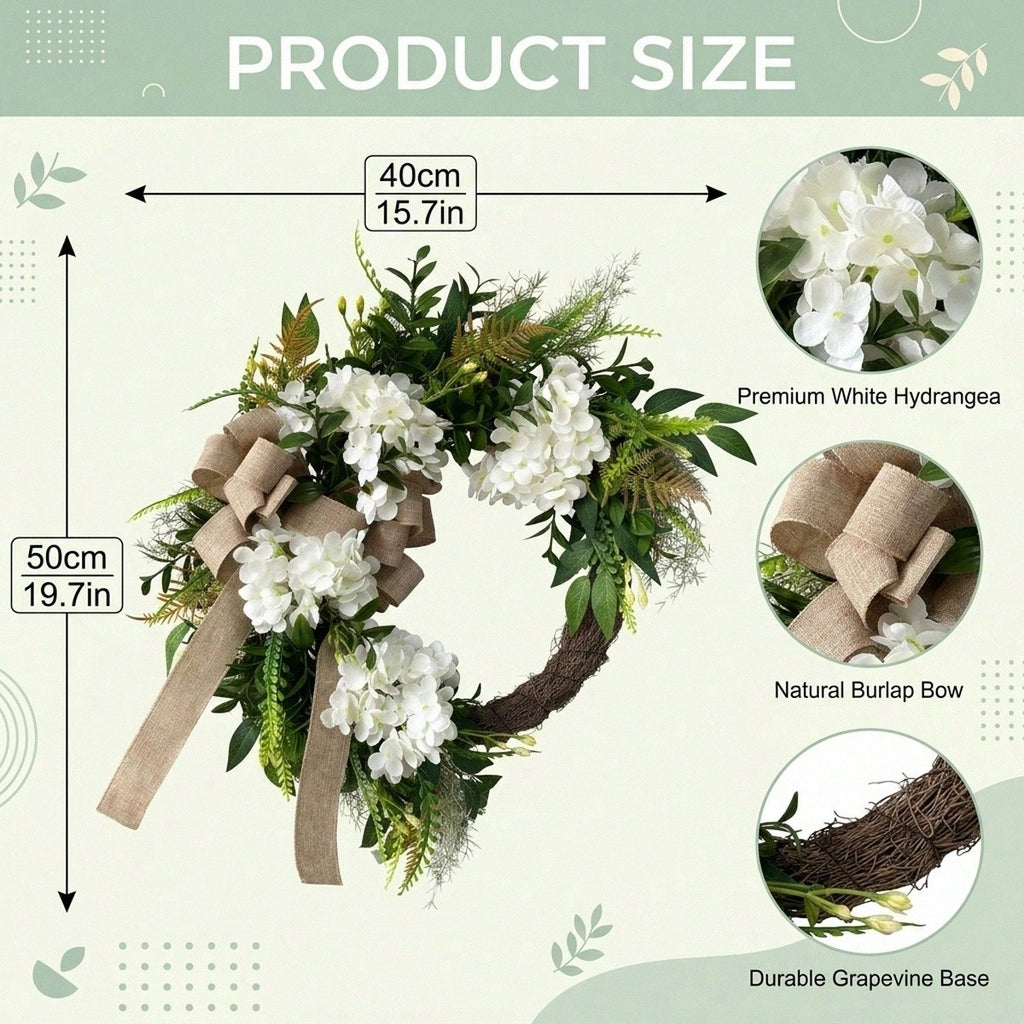 Side view of hydrangea & eucalyptus wreath with bow for rustic farmhouse by IPOPU