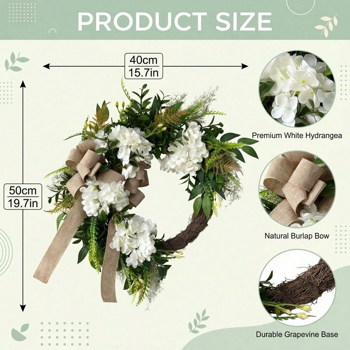 Hydrangea & Eucalyptus Wreath with Bow | Rustic Farmhouse Spring Summer Decor for Front Door Outdoor Porch & Home Wall