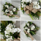 Close-up of lifelike hydrangea & eucalyptus wreath with bow for rustic farmhouse by IPOPU