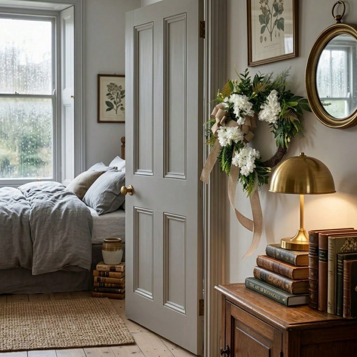 Hydrangea & Eucalyptus Wreath with Bow | Rustic Farmhouse Spring Summer Decor for Front Door Outdoor Porch & Home Wall