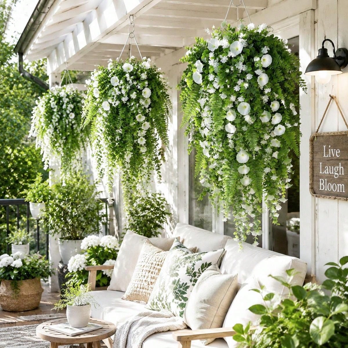 Artificial Hanging Plant Waterfall Fern Garland with White Flowers Wall Basket Indoor Outdoor Home Patio Porch Decoration