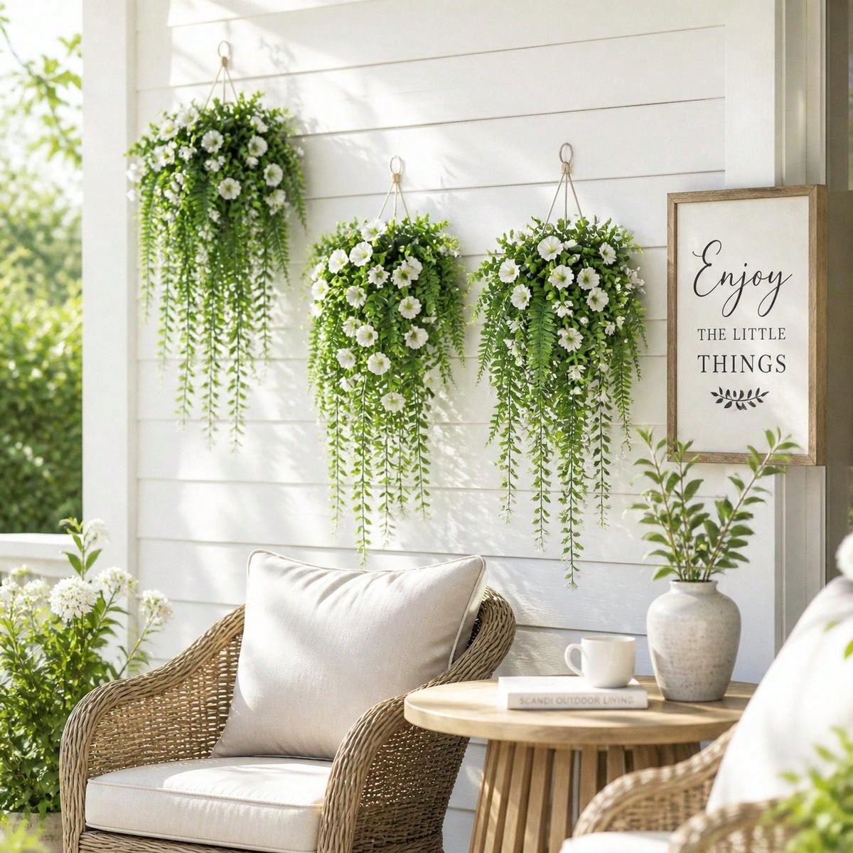 Artificial Hanging Plant Waterfall Fern Garland with White Flowers Wall Basket Indoor Outdoor Home Patio Porch Decoration