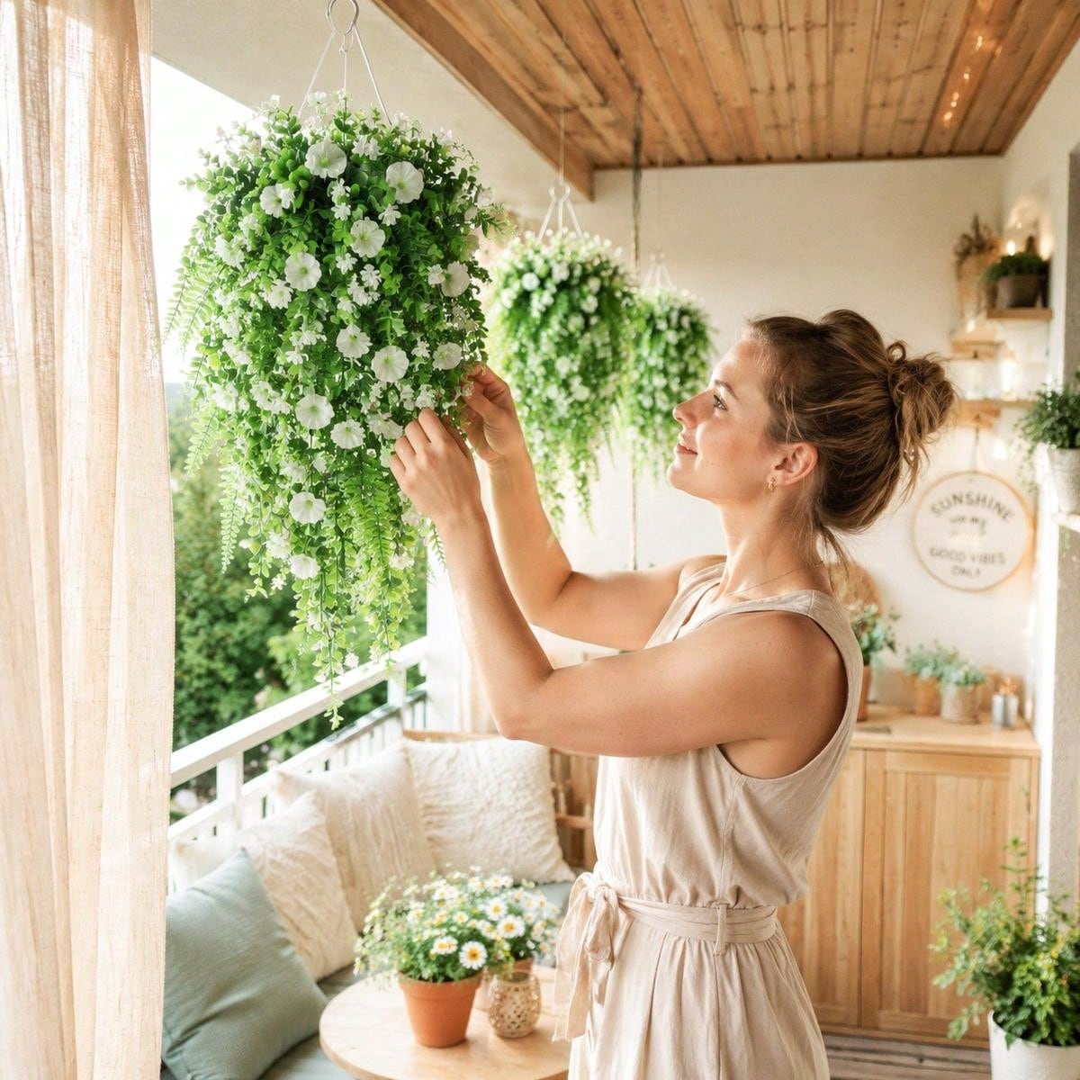 Artificial Hanging Plant Waterfall Fern Garland with White Flowers Wall Basket Indoor Outdoor Home Patio Porch Decoration