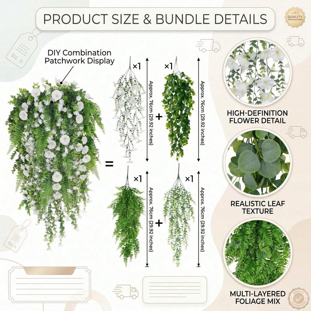 Artificial Hanging Plant Waterfall Fern Garland with White Flowers Wall Basket Indoor Outdoor Home Patio Porch Decoration