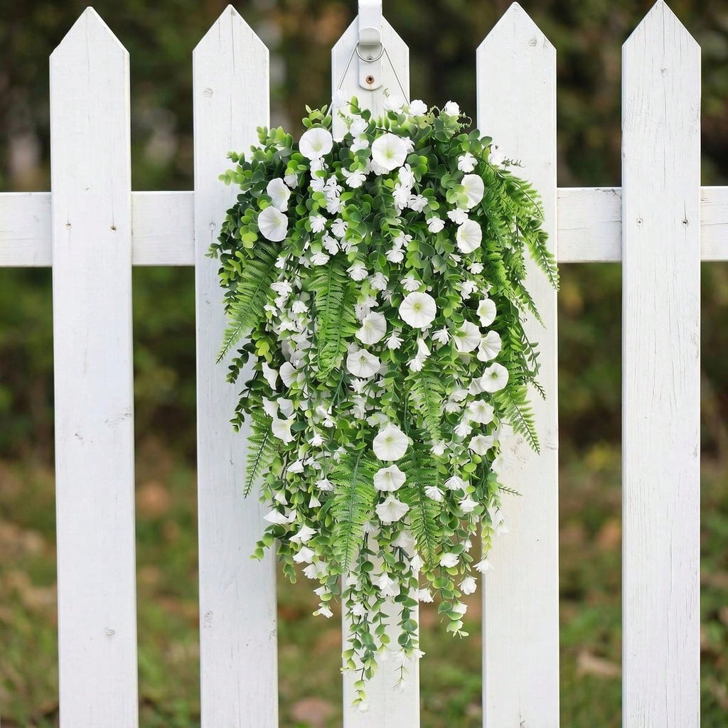 Artificial Hanging Plant Waterfall Fern Garland with White Flowers Wall Basket Indoor Outdoor Home Patio Porch Decoration
