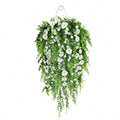 Green artificial hanging plant waterfall fern garland with white flowers for wall basket indoor outdoor home patio and porch decoration