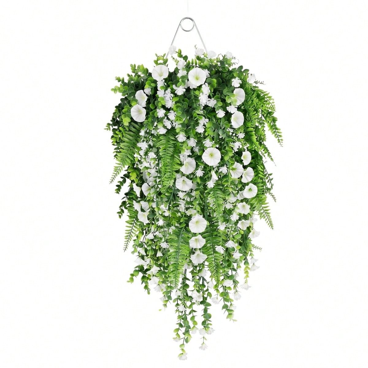 Green artificial hanging plant waterfall fern garland with white flowers for wall basket indoor outdoor home patio and porch decoration