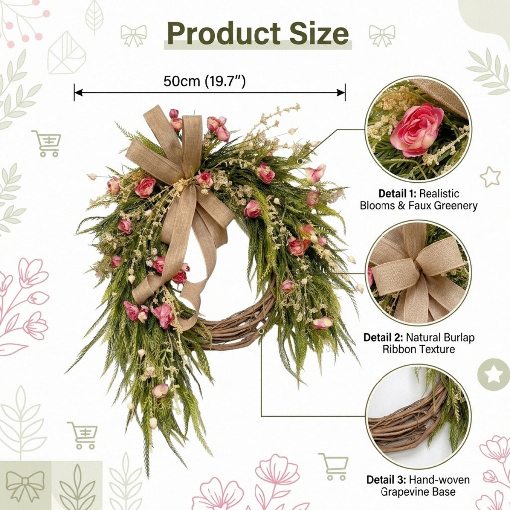 Flower Wreath with Burlap Bow, Artificial Spring and Summer for Front Door Wreath Pink Peony Wreath Garden Party Home Wall Wedding Decor