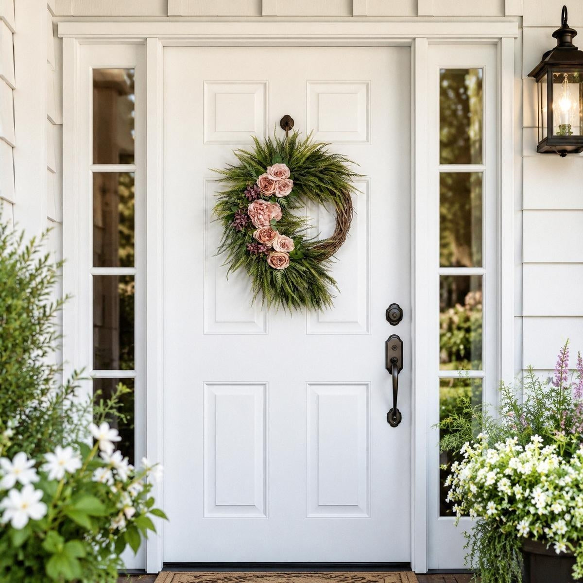 Asymmetric Pink Rose Wreath Front Door Decor Boho Fern Garland Spring Summer Home Wall Hanging Porch Art