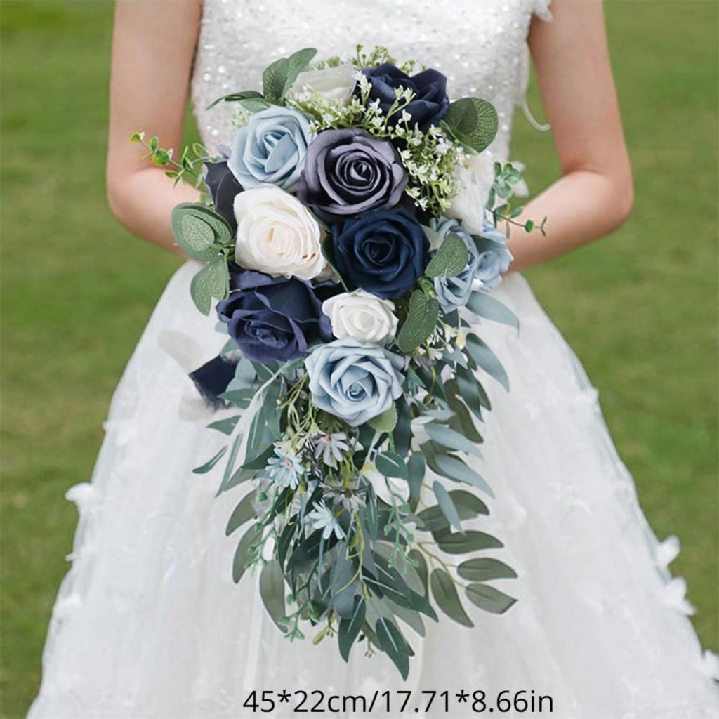 17 Inch Water Drop Blue Rose Bridal Bouquet | Luxury French Style Wedding Bridesmaid & Photo Shoot