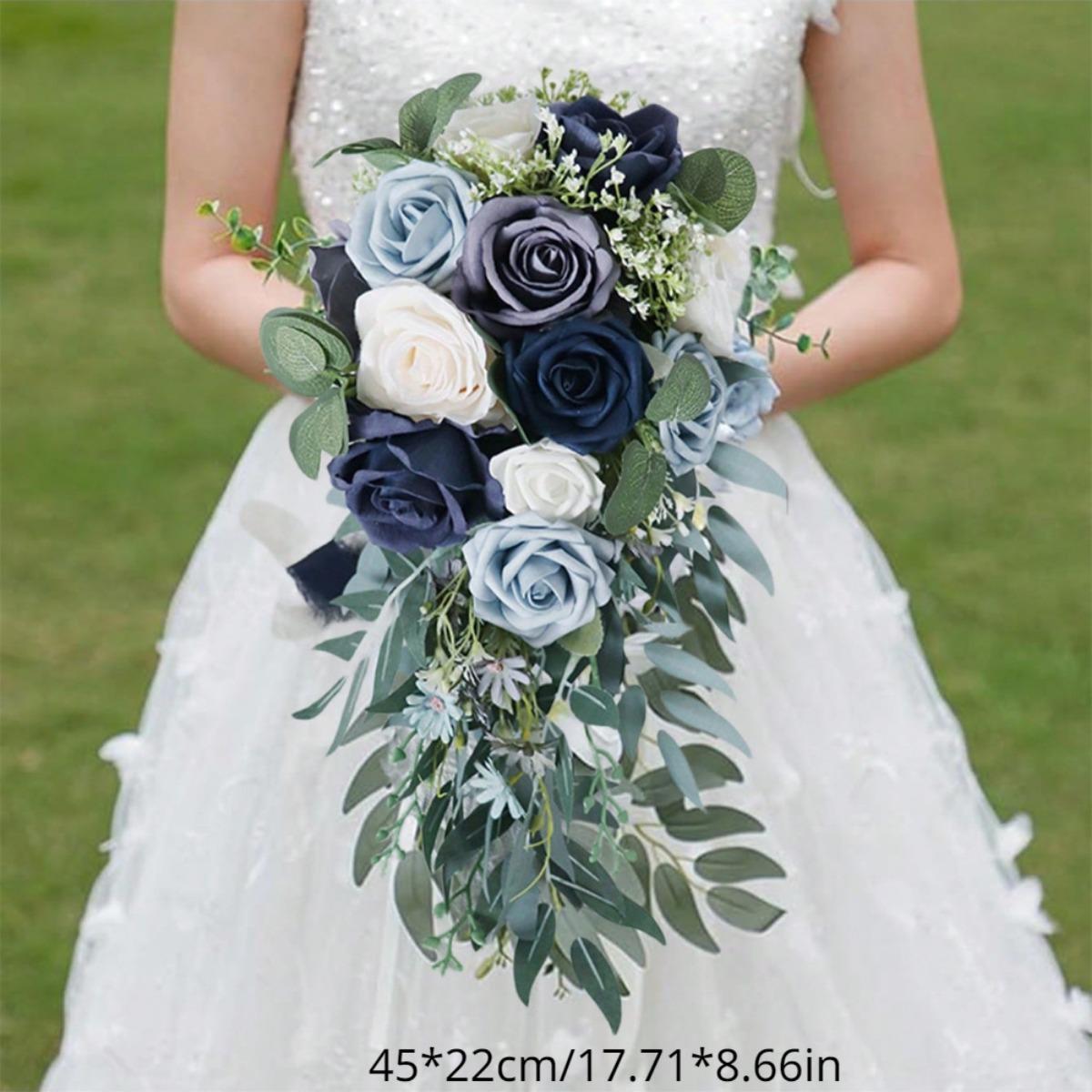 17 Inch Water Drop Blue Rose Bridal Bouquet | Luxury French Style Wedding Bridesmaid & Photo Shoot