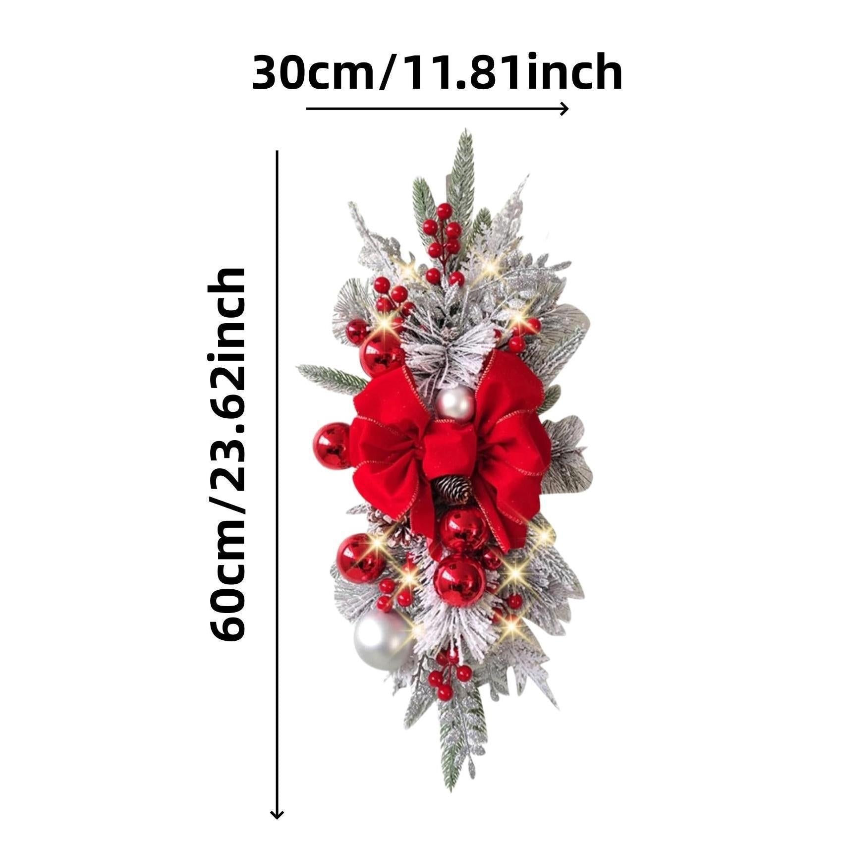 Christmas Door Swag with Bow, Artificial Pine Needle Swag with Berries & Glitter Leaves for Front Door Wall Fireplace Staircase Holiday Decor
