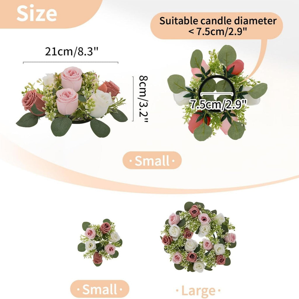 Artificial Flowers Candle Rings: 4 Pcs 14 Inch Diam Large Dusty Rose & White Roses Wreath Wedding Centerpieces for Tables Spring Summer Wreath for Front Door Weddings Party Ceremony Decor