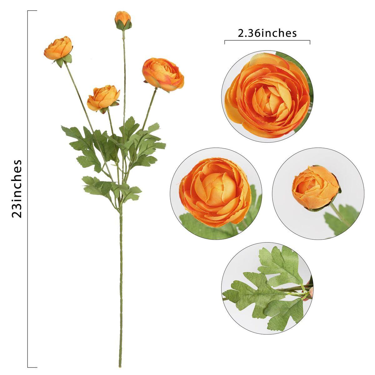 Artificial Ranunculus Flowers Set of 4 | Real Touch Stems | White Yellow Orange Pink