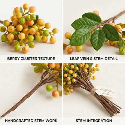 Artificial Berry Stems with Green Leaves | Faux Fruit Branches for Floral Arrangements, Vase Filler & Autumn Decor