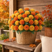 Artificial Orange & Yellow Mum Ball Flower Stems – 12-Piece Bouquet