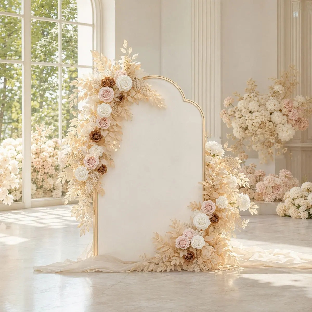 Boho artificial rose garland with blush white brown roses and champagne leaves draped on gold arch frame in bright wedding venue – IPOPU
