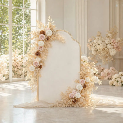 Boho artificial rose garland with blush white brown roses and champagne leaves draped on gold arch frame in bright wedding venue – IPOPU
