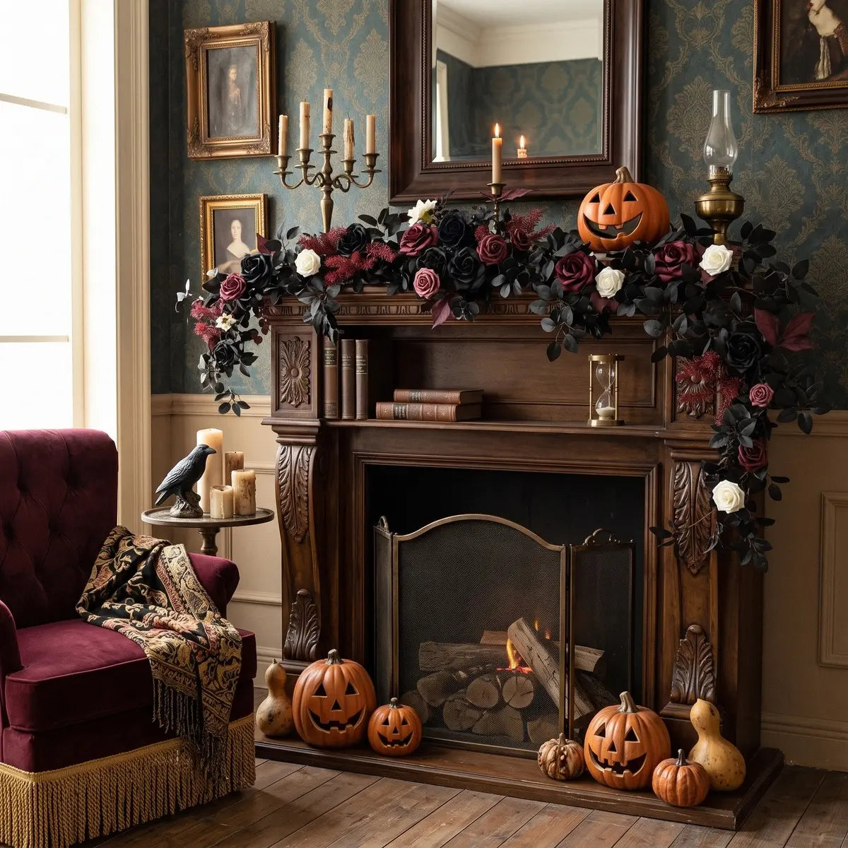 Black Rose Eucalyptus Garland Decorating Halloween Dining Table with Dark Floral Centerpiece
