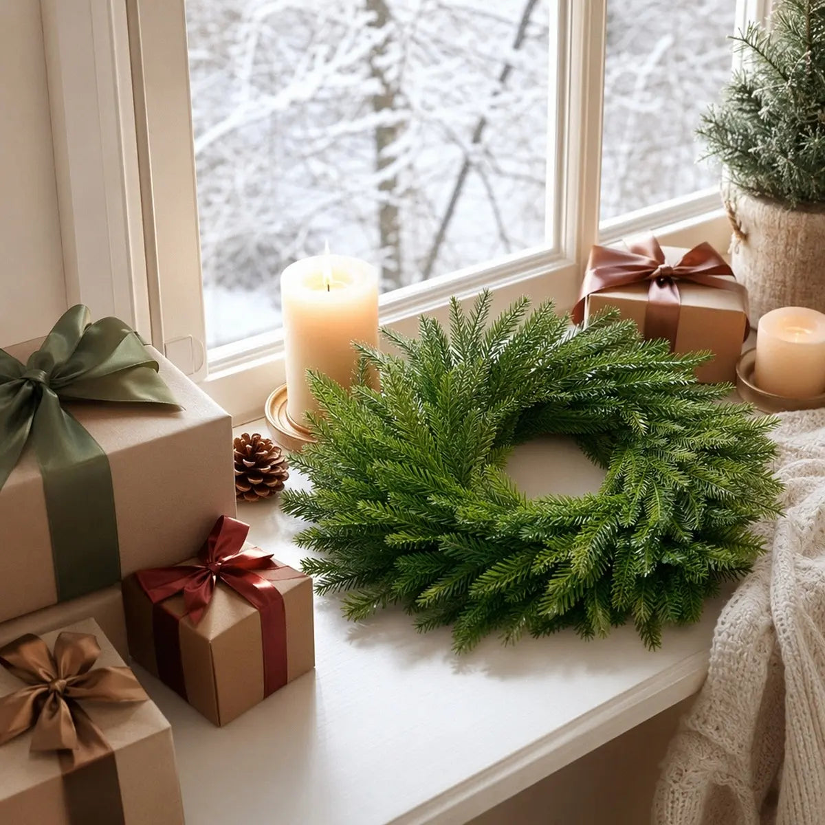 Artificial Norfolk pine candle ring wreath displayed on a window sill with a pillar candle, pine cone and wrapped Christmas gifts, with snowy winter trees visible through the window
