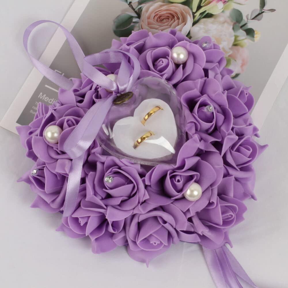 Wedding Ring Pillow Lace Crystal Rose | Love Heart Ring Holder Foam Flower Ring Box for Ceremony Proposal & Valentine's Day Gift in White Beige Pink Purple Red