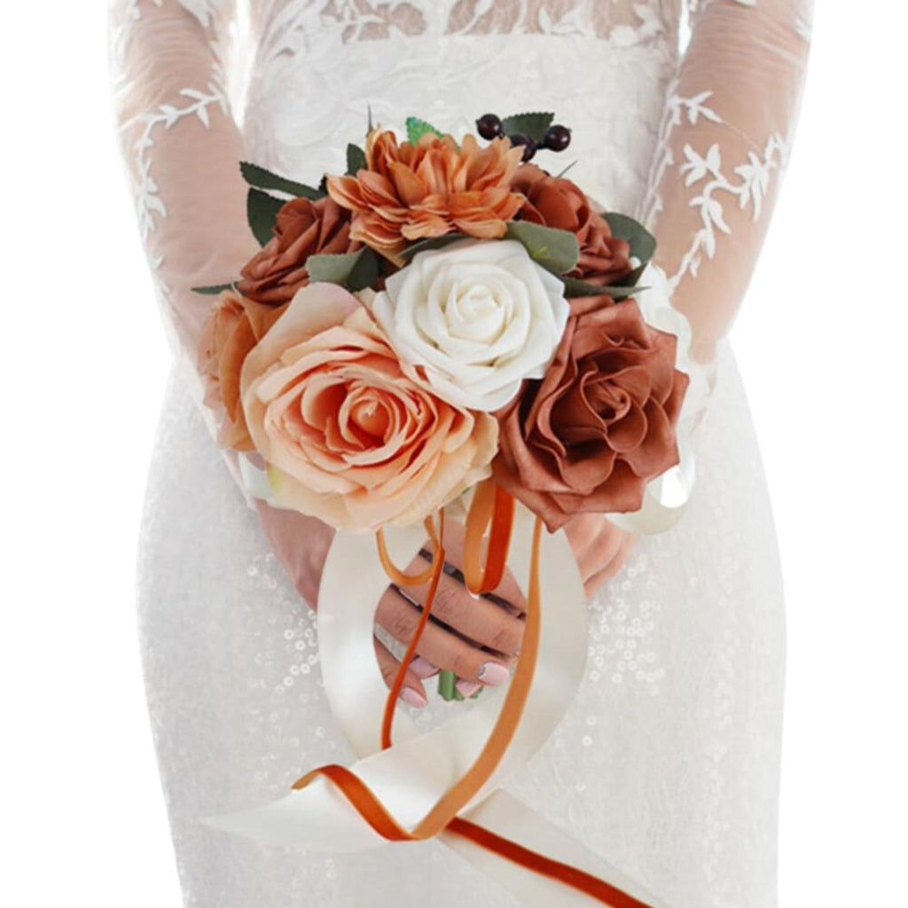 Artificial Rose Bridal Tossing Bouquet | Bride Bridesmaid Wedding Ceremony & Prom in Orange Pink Wine Red Blue