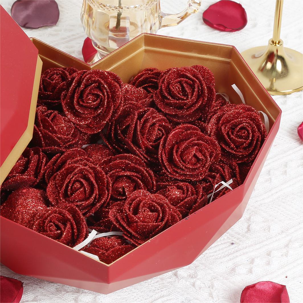 Glitter Artificial Roses 60pcs with Stems | Wedding Bouquet Cake Topper Party & Home Decor in Gold Grey Red