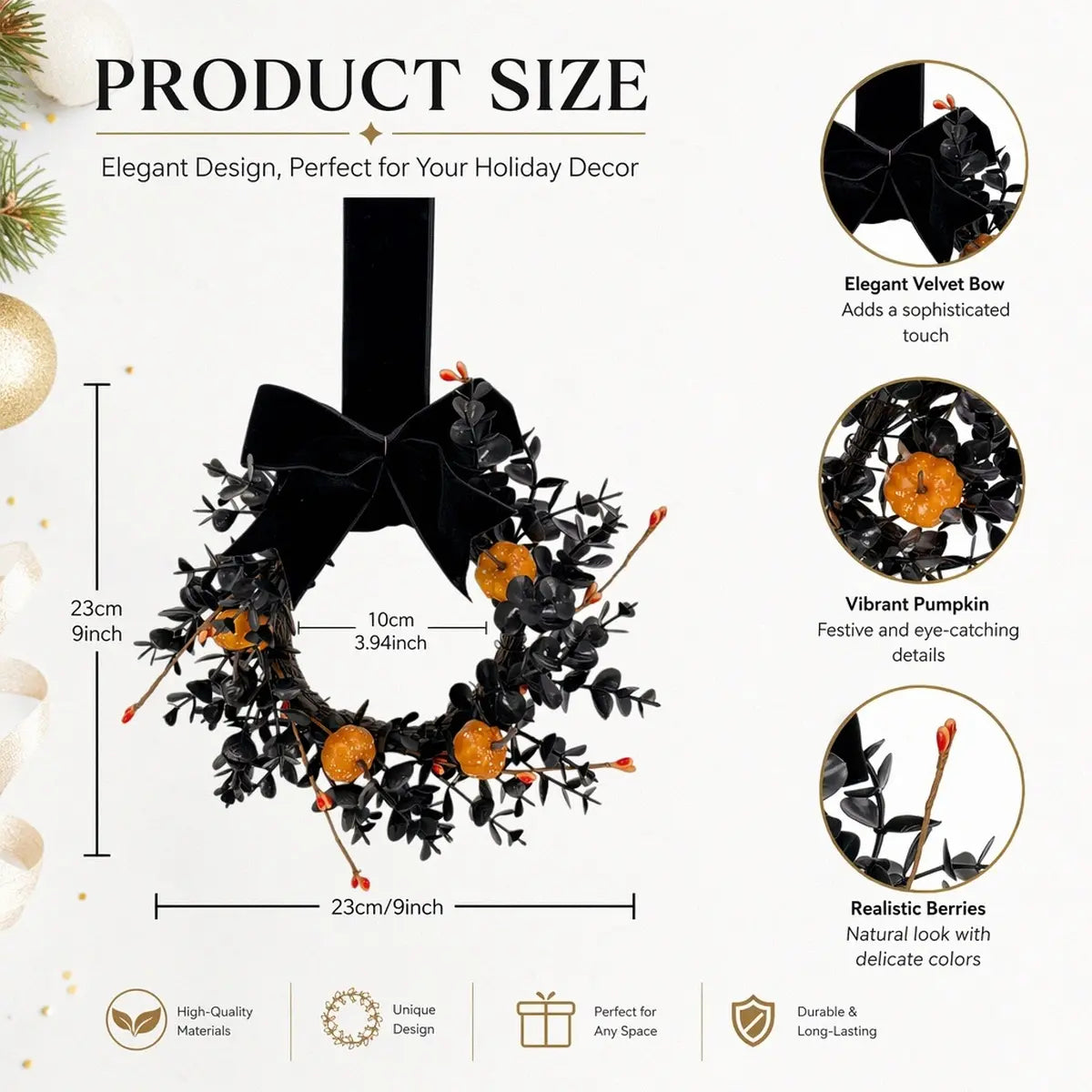 Product size chart for gothic Halloween mini wreath showing 9 inch dimensions with black boxwood and bow design details