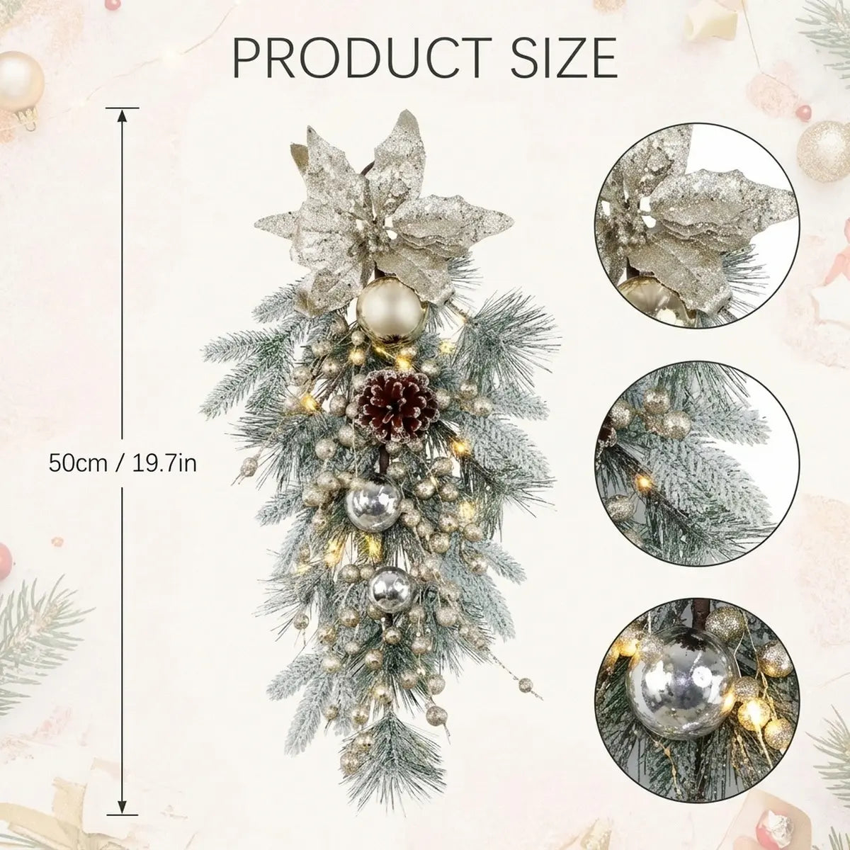 Christmas Swag Wreath Size Chart – Champagne Gold Artificial Poinsettia with Ornaments
