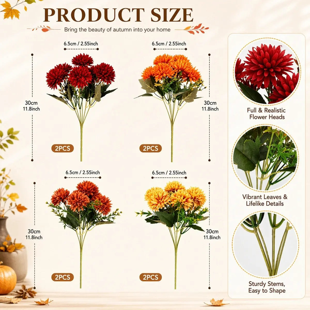 8pcs Fall Orange Artificial Flowers with Mini Floral Stems, Realistic Fall Foliage and Mini Blooms for Home Decor, Weddings, Fall Centerpieces and Thanksgiving Arrangements